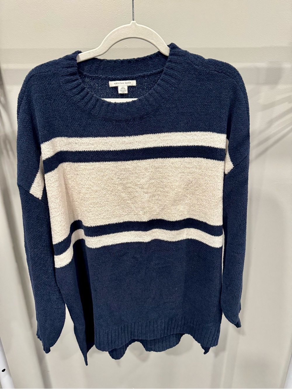 American Eagle Outfitters Navy Crewneck Sweater with Cream Stripes